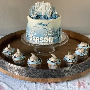 Shark themed cake and cupcakes