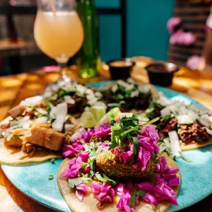 Asada. Pollo. Carnita. Al Pastor. Flavored Tacos. Their all Plant based. Fish Taco too