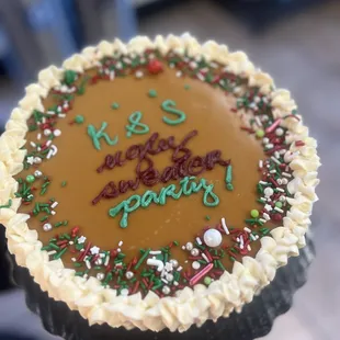 Holiday Decorated Carmel Cake