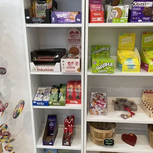 a shelf full of sweets