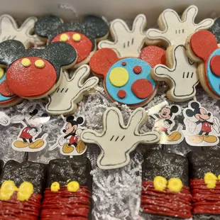 Mickey Mouse cookies and dipped Rice Krispies.