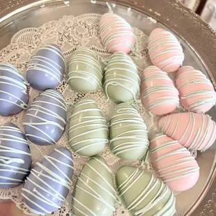 a tray of chocolate covered easter eggs
