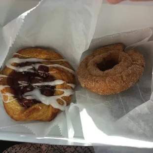 Cherry Danish, cinnamon crueller