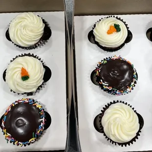 carrot cream cheese, cheesecake, chocolate donut, chocolate Oreo, red velvet, vanilla bean, and chocolate truffle cupcakes