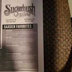 Garden Favorite Salads Menu.  6/1/2022