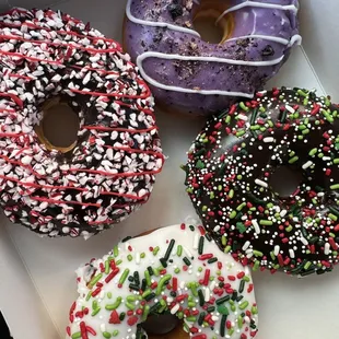 Chocolate Peppermint Donut, Vanilla Sprinkle, Chocolate Sprinkle, Triple Blueberry