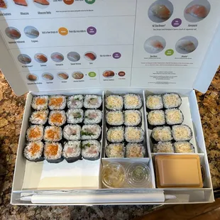 Salmon, japanese yellowtail, and two crab rolls