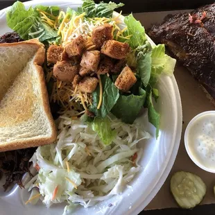 Burnt end dinner with salad and horseradish cole slaw, plus a side of two ribs