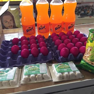 a variety of eggs, eggs, and orange juice