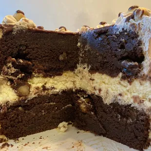 Chocolate raisin hazelnut cake with homemade Nutella whipped frosting &amp; a luscious cheesecake middle. 
No Sugar Added!
