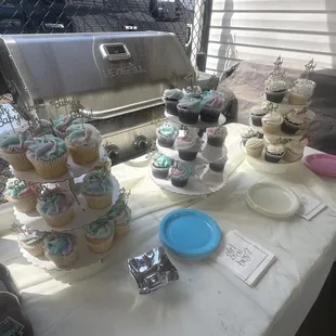 The pink and blue swirl are buttercream icing and plain white icing is whipped.