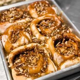 a pan of freshly baked cinnamon rolls