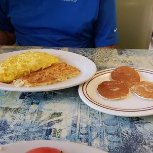 Cheese Omelet, Hash Browns, Silver Dollar Pancakes