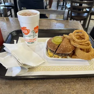 Jumbo Cheeseburger onion rings and fries