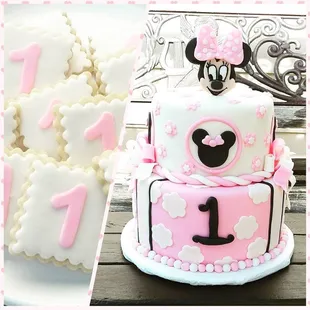 a minnie mouse cake and cookies
