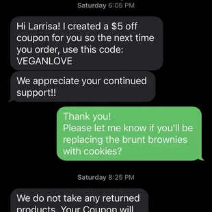 Text message that was in response to the voicemail I left about the inedible burnt brownies.