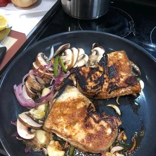 Bronzed Hallibut with sauce DJ our