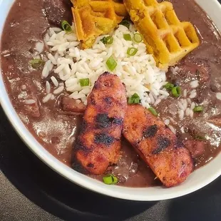 Creamed Red beans and andouille sausage and sweet waffles