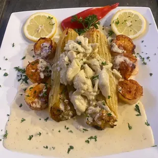 Tamales with crab cream sauce