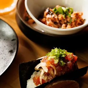 Hawaiian Poke hand roll with Spicy Tuna Dip