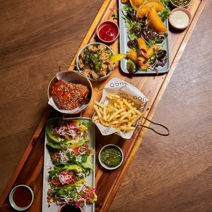 Appetizer Platter: Shrimp taquitos, SUGO fries, lettuce cups, Korean fried chicken, chicken empanadas, fried cheese gnocchi