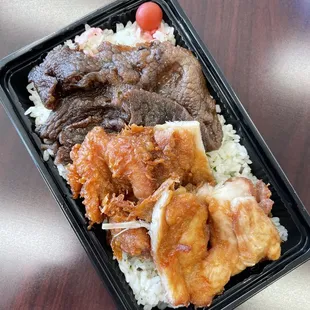 Mochiko chicken mini bento with teriyaki beef