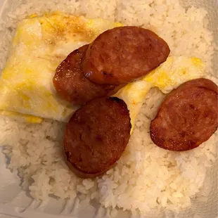 Portuguese Sausage, Two Eggs, &amp; Rice