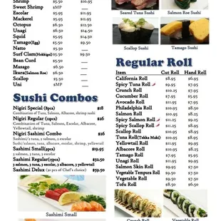 sushi and sashimi, menu