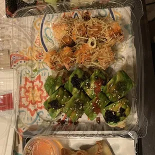 (Top to bottom) Mango Lobster Roll, Crab Fire Roll, Godzilla Roll, Crab Rangoon