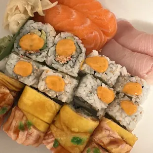 Spicy California Roll,  Yellowtail - Hamachi Salmon - Sake Mango shrimp roll