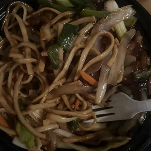 Combination Mongolian beef with lo mein noodles