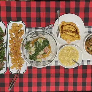 a variety of dishes on a table