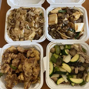 Beef Chow fun, beef tofu, salt &amp; pepper pork, mushroom vegetable chicken. Nice portions.