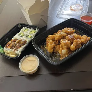 Avocado &amp; cucumber maki roll, Idaho maki roll, sesame chicken, sweet &amp; sour sauce, spicy mayo, and white rice