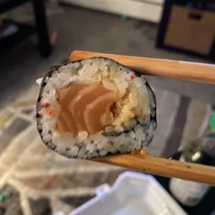 Leftover of the spicy salmon roll...not nearly as spicy as I would have liked, rather what to anticipate when given as "spicy."