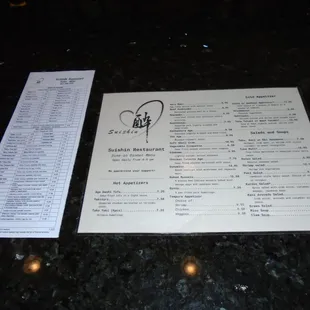 Two menus, sushi menu on the left.