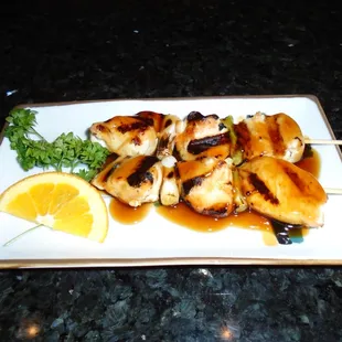 Yakitori chicken skewers.
