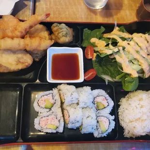 Bento Box: Mixed Tempura. California Roll. Salad. Rice.