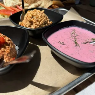 The pink tzatziki and spicy pimento cheese dip!