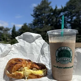 Sausage egg and cheese, as well as a Java chip frap