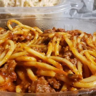 The spaghetti with meat sauce is DELICIOUS! I want a whole pan!!