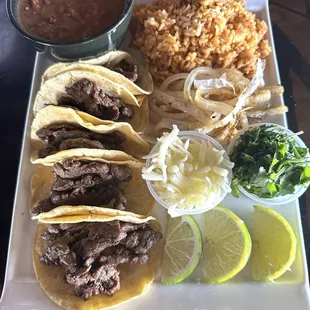 Beef Fajita Mini Tacos with rice &amp; charro beans....delicious!