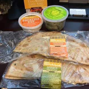 Pumpkin &amp; Spinach Paratha stuffed bread. Cilantro Chutney and Paratha Dip.