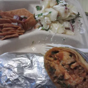 Chicken Tiki Masala Wrap with Potato Salad and Pita Chips (I think those are pita chips). DELICIOUS!!