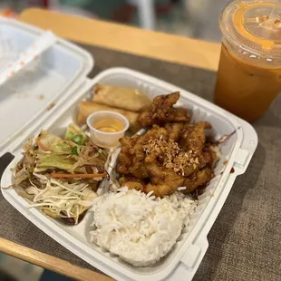 Chicken Fusion Lunch Box with Pad Thai, Spring Rolls, and Crispy Garlic Chicken