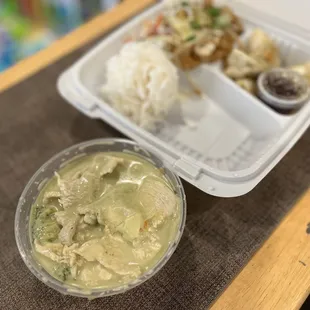 Chicken Fusion Lunch Box with Pad Thai, Pot Stickers, and Green Curry