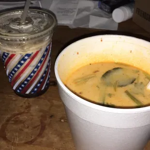 Tom kha gai and iced coffee.