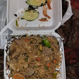 Classic Thai Rice Combination Beef &amp; Shrimp.  (Beef with 4 Shrimp under cooked rice)
