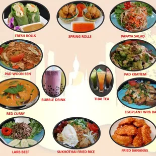 Pad Thai, Boba, Thai Tea, Sweet Rice &amp; Mango, Curry, Tom Yum, Fried Rice, Crispy Pork, Eggplant, Fried bananas, larb, Spring Roll