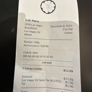 Receipt that shows 2 entrees